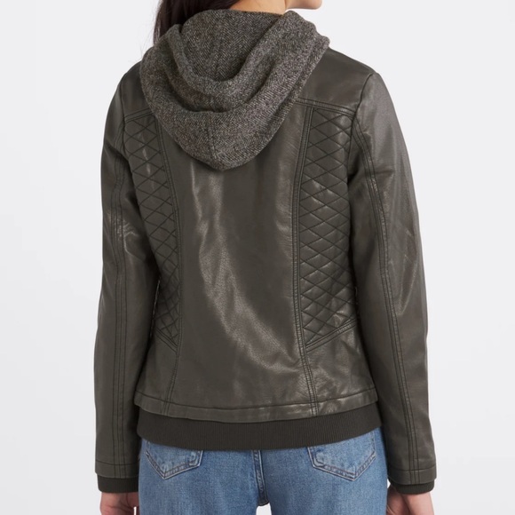MO-KA - (Dark Grey) Meriam Knit Hood Faux Leather Jacket - Picture 4 of 4